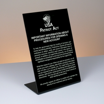 Image of item: USA Patriot Act Compliance Easel Style Sign for Opening an Account